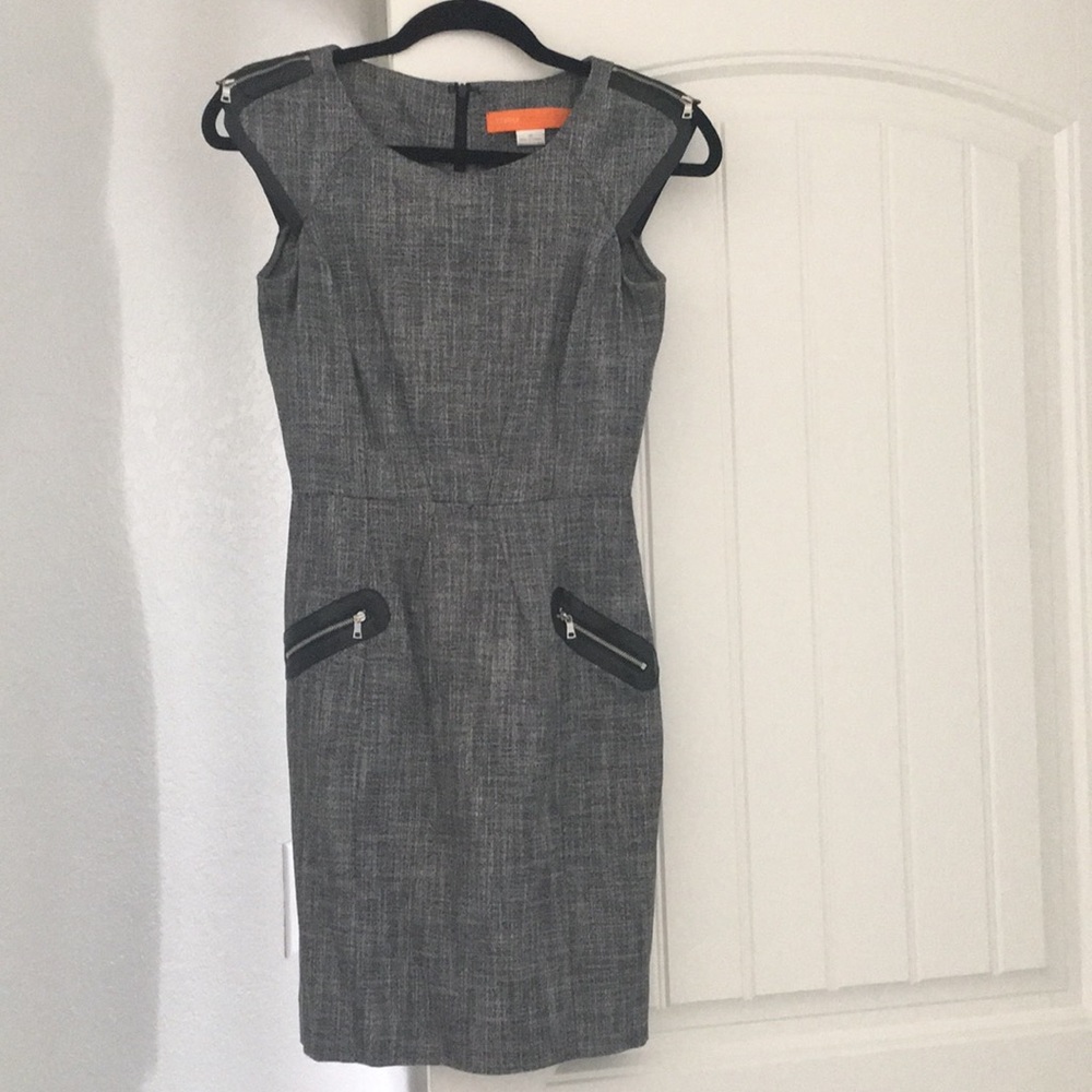 Grey shift dress with leather-like trim & zippers